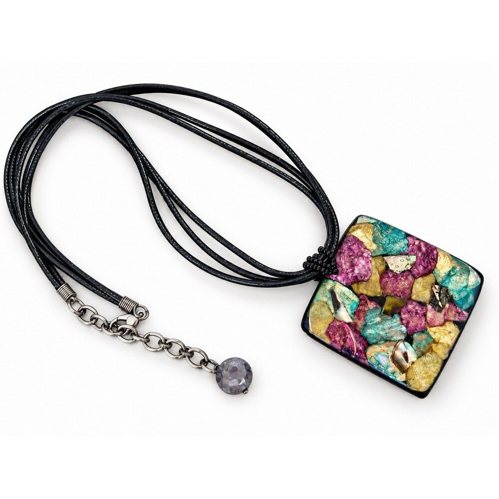 Artisan Mosaic Resin Pendant Necklace Multi Strand Cord Colorful Boho Statement